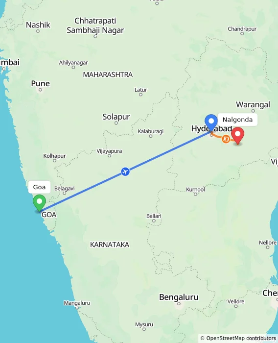 Route map showing distance and travel time from Goa, India to Nalgonda, India