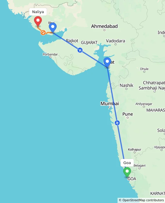 Route map showing distance and travel time from Goa, India to Naliya, India