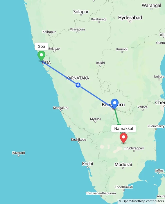 Route map showing distance and travel time from Goa, India to Namakkal, India