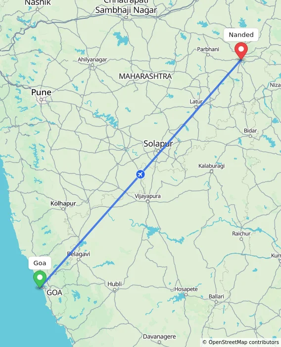 Route map showing distance and travel time from Goa, India to Nanded, India