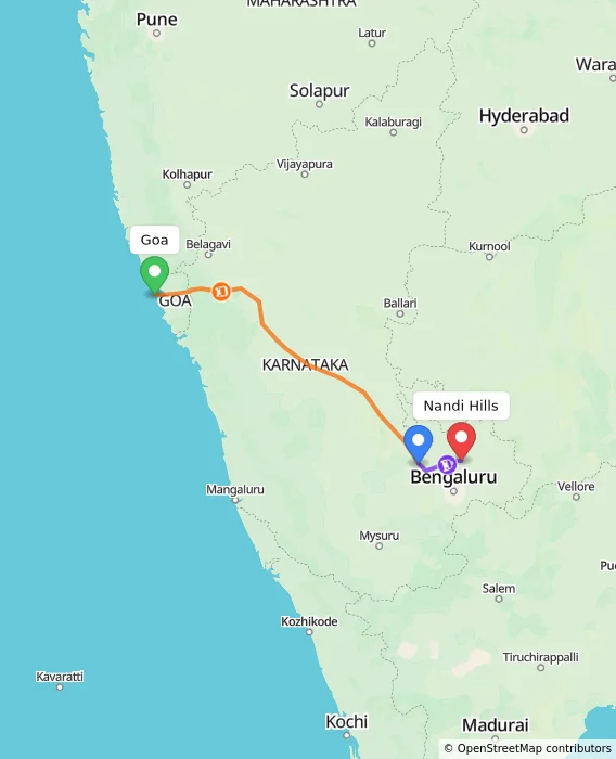 Route map showing distance and travel time from Goa, India to Nandi Hills, India