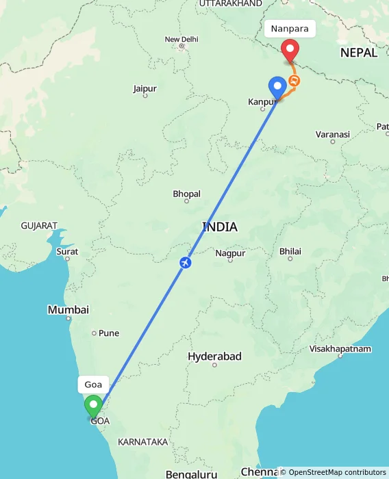 Route map showing distance and travel time from Goa, India to Nanpara, India