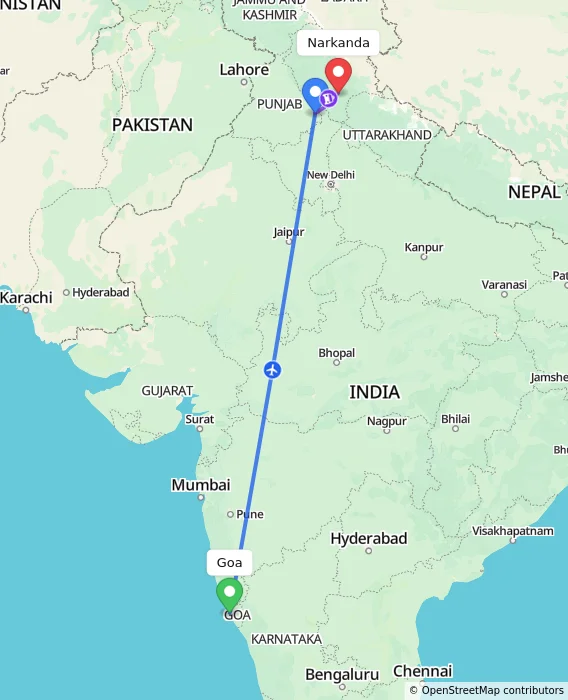 Route map showing distance and travel time from Goa, India to Narkanda, India