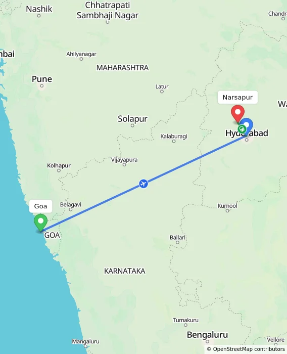 Route map showing distance and travel time from Goa, India to Narsapur, India