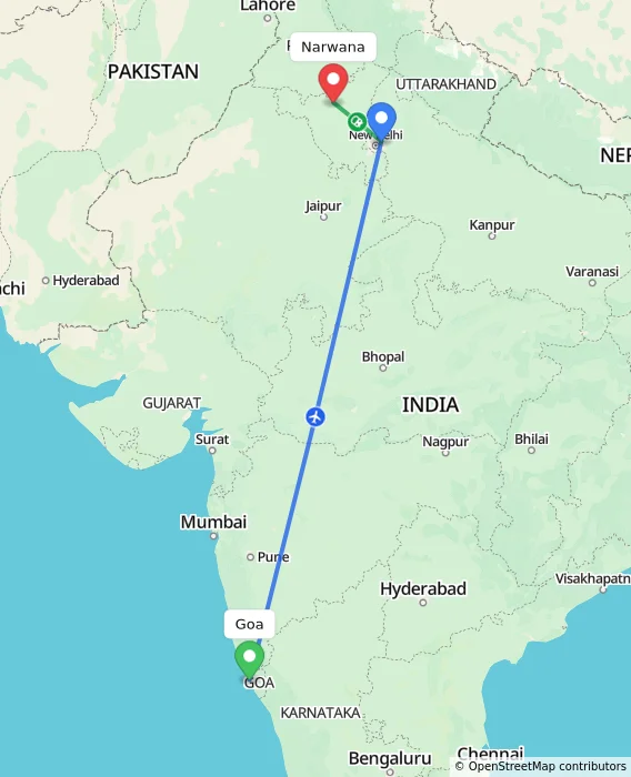 Route map showing distance and travel time from Goa, India to Narwana, India