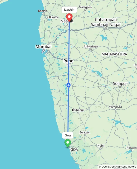 Route map showing distance and travel time from Goa, India to Nashik, India