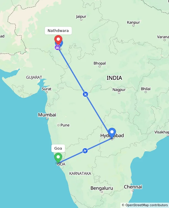 Route map showing distance and travel time from Goa, India to Nathdwara, India