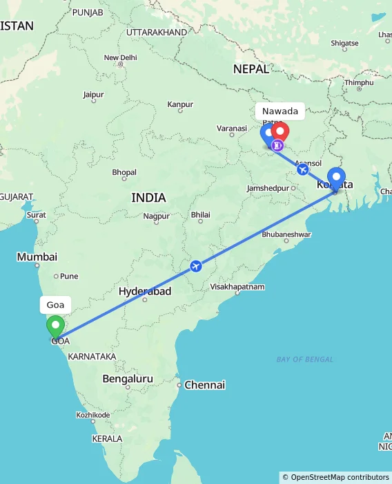 Route map showing distance and travel time from Goa, India to Nawada, India