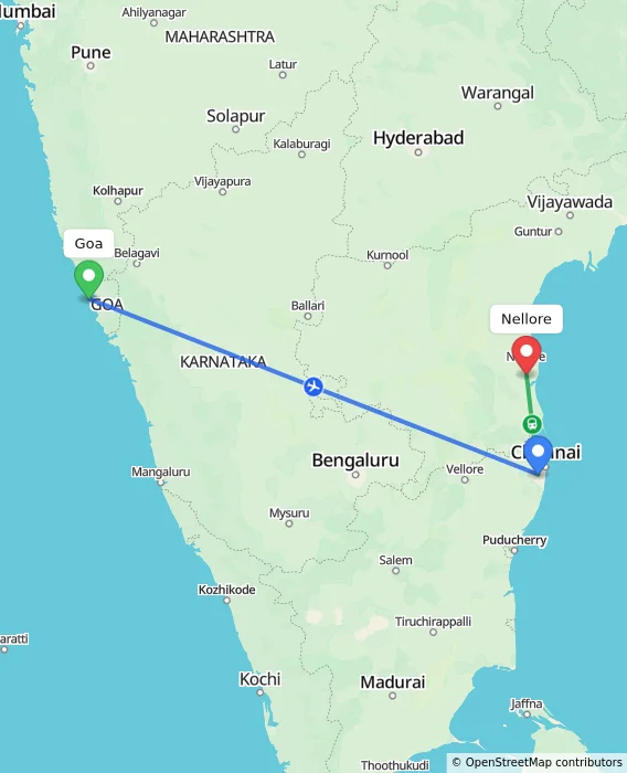 Route map showing distance and travel time from Goa, India to Nellore, India