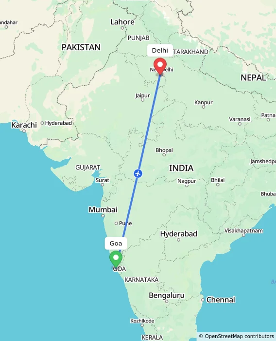 Route map showing distance and travel time from Goa, India to Delhi, India