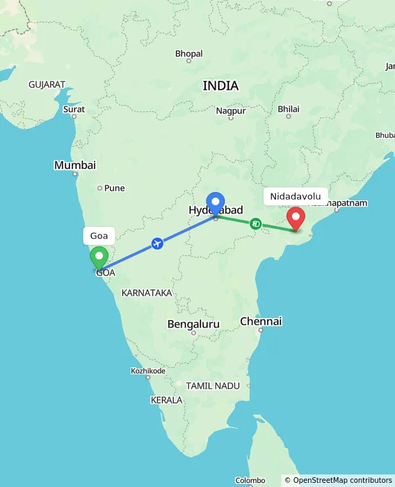 Route map showing distance and travel time from Goa, India to Nidadavolu, India