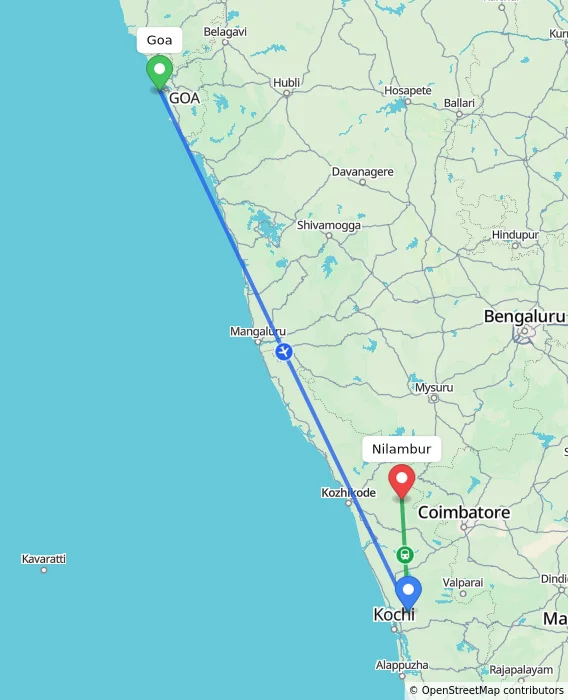 Route map showing distance and travel time from Goa, India to Nilambur, India