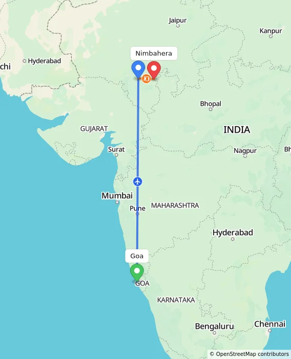 Route map showing distance and travel time from Goa, India to Nimbahera, India