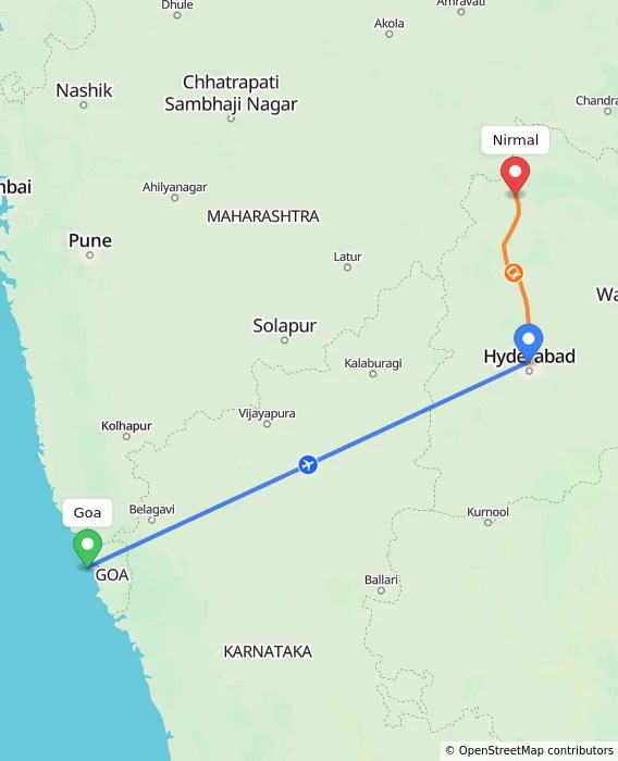 Route map showing distance and travel time from Goa, India to Nirmal, India