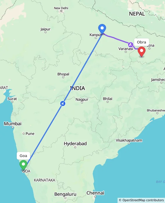 Route map showing distance and travel time from Goa, India to Obra, India