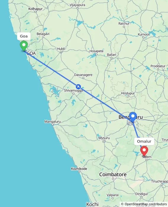Route map showing distance and travel time from Goa, India to Omalur, India