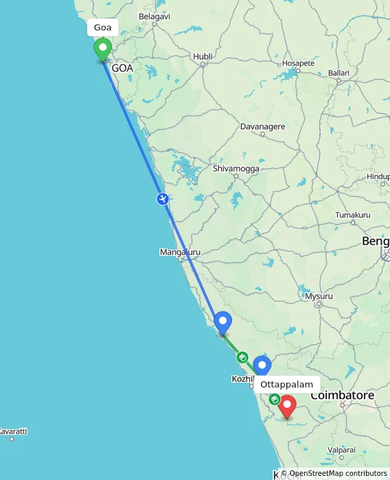 Route map showing distance and travel time from Goa, India to Ottappalam, India