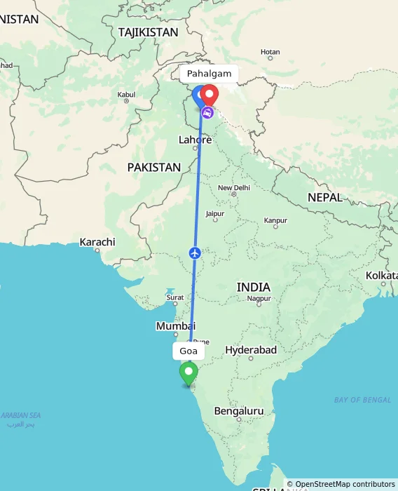 Route map showing distance and travel time from Goa, India to Pahalgam, India