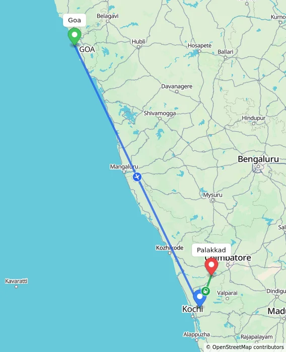 Route map showing distance and travel time from Goa, India to Palakkad, India