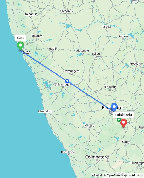 Route map showing distance and travel time from Goa, India to Palakkodu, India