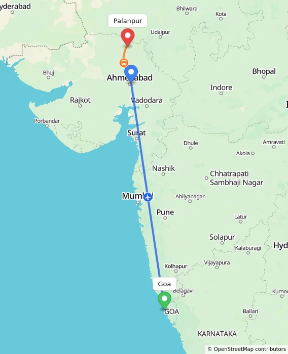Route map showing distance and travel time from Goa, India to Palanpur, India