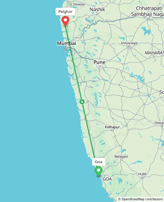 Route map showing distance and travel time from Goa, India to Palghar, India