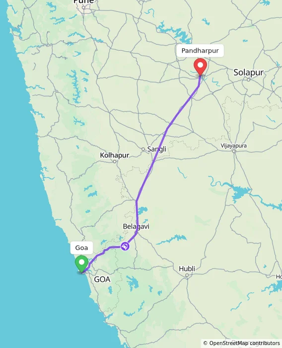 Route map showing distance and travel time from Goa, India to Pandharpur, India