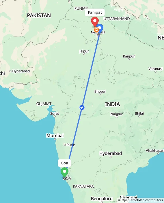 Route map showing distance and travel time from Goa, India to Panipat, India