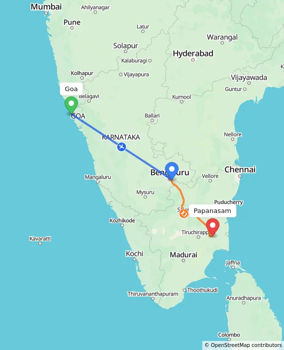 Route map showing distance and travel time from Goa, India to Papanasam, India