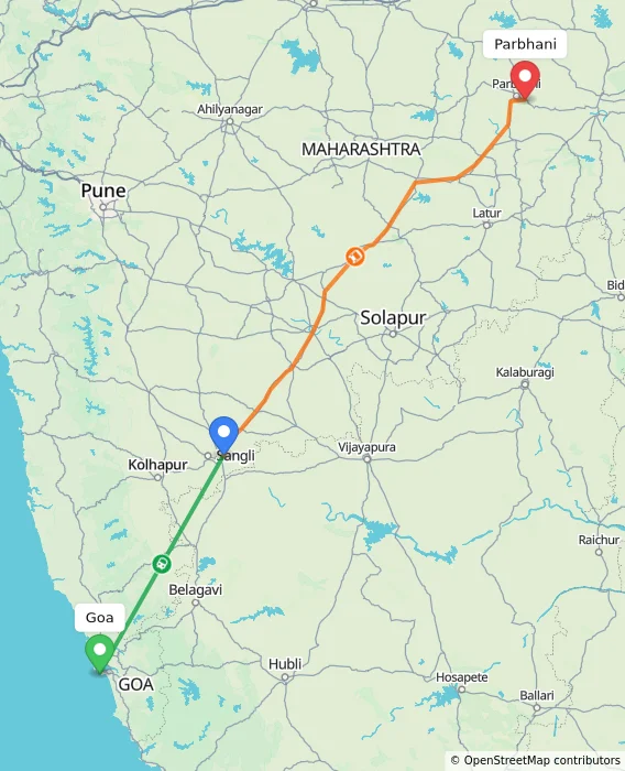 Route map showing distance and travel time from Goa, India to Parbhani, India