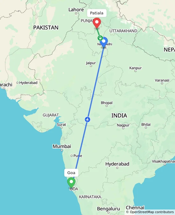 Route map showing distance and travel time from Goa, India to Patiala, India