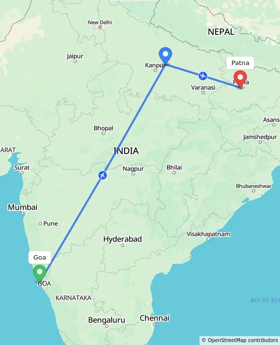 Route map showing distance and travel time from Goa, India to Patna, India