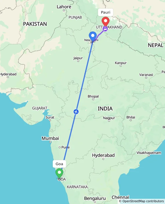Route map showing distance and travel time from Goa, India to Pauri, India