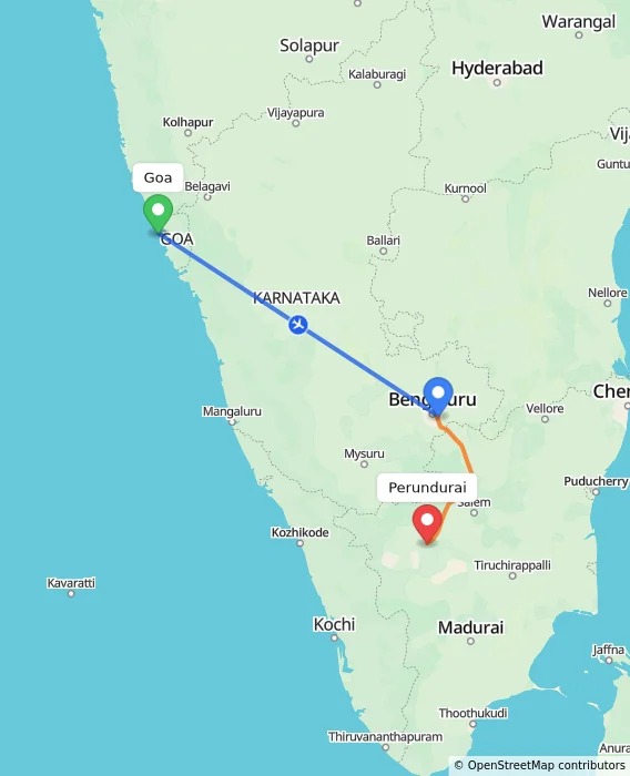 Route map showing distance and travel time from Goa, India to Perundurai, India