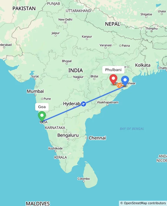 Route map showing distance and travel time from Goa, India to Phulbani, India