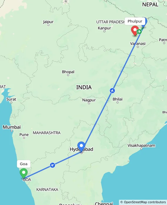Route map showing distance and travel time from Goa, India to Phulpur, India