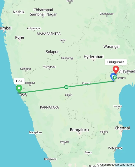 Route map showing distance and travel time from Goa, India to Piduguralla, India