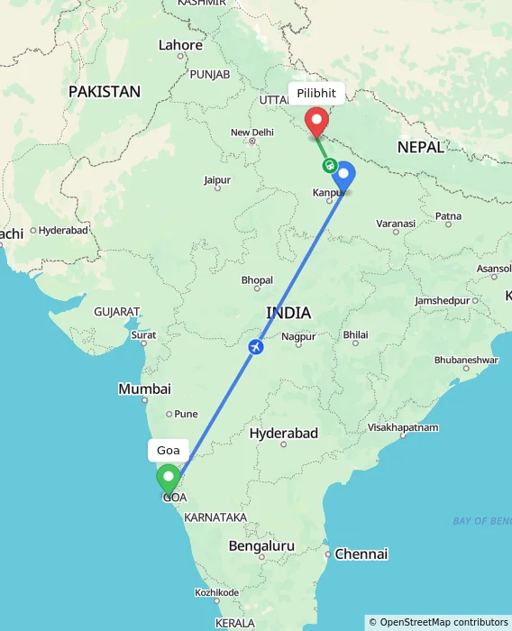 Route map showing distance and travel time from Goa, India to Pilibhit, India