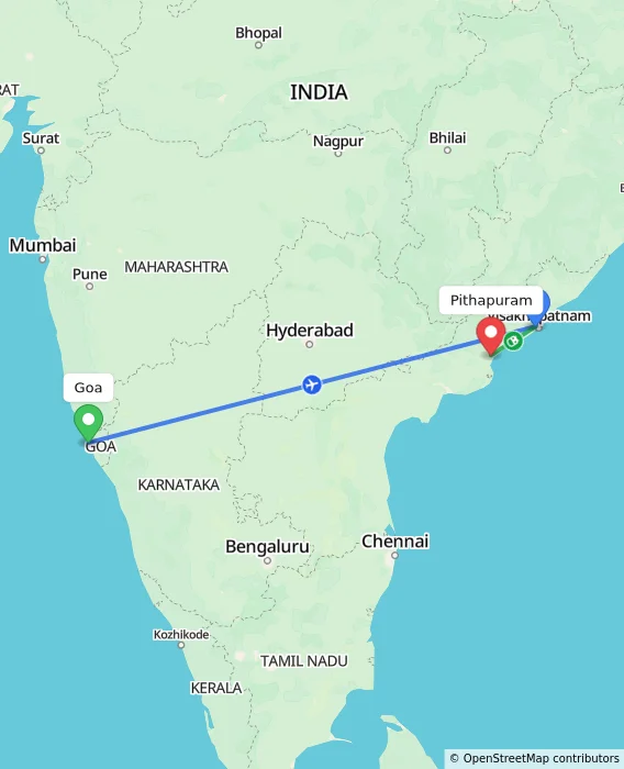 Route map showing distance and travel time from Goa, India to Pithapuram, India