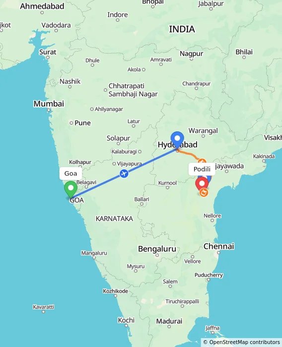 Route map showing distance and travel time from Goa, India to Podili, India