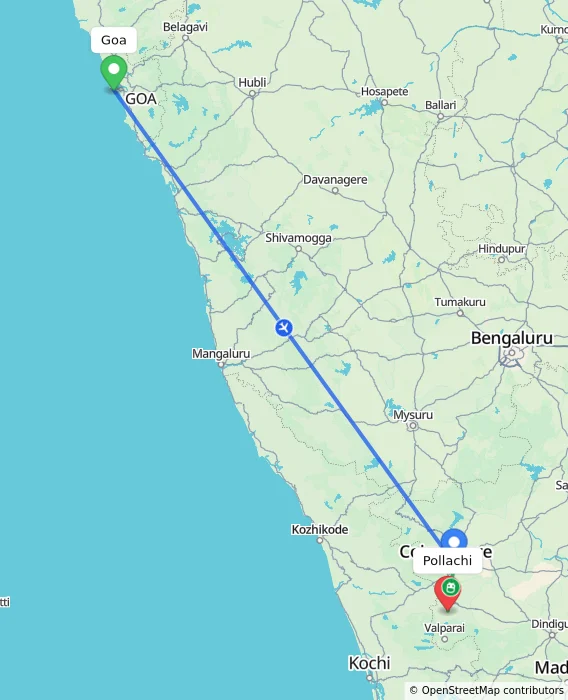 Route map showing distance and travel time from Goa, India to Pollachi, India