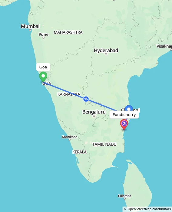 Route map showing distance and travel time from Goa, India to Pondicherry, India