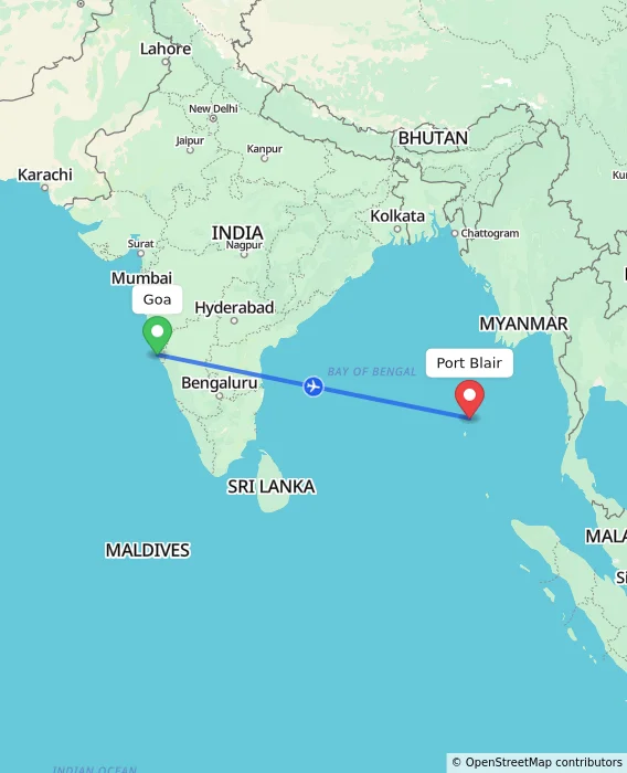 Route map showing distance and travel time from Goa, India to Port Blair, India