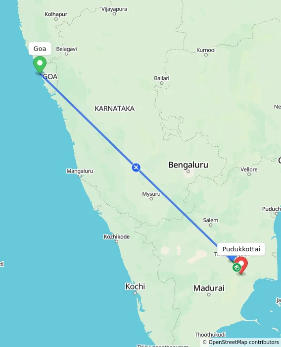 Route map showing distance and travel time from Goa, India to Pudukkottai, India