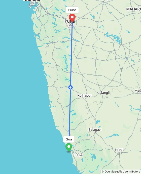 Route map showing distance and travel time from Goa, India to Pune, India