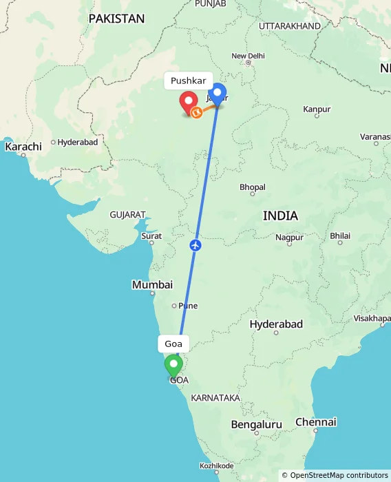 Route map showing distance and travel time from Goa, India to Pushkar, India