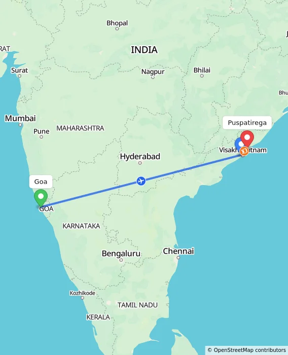 Route map showing distance and travel time from Goa, India to Puspatirega, India