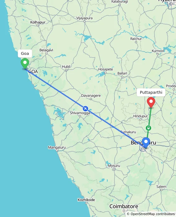 Route map showing distance and travel time from Goa, India to Puttaparthi, India