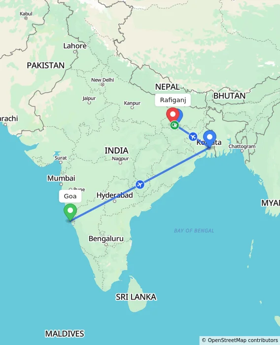 Route map showing distance and travel time from Goa, India to Rafiganj, India