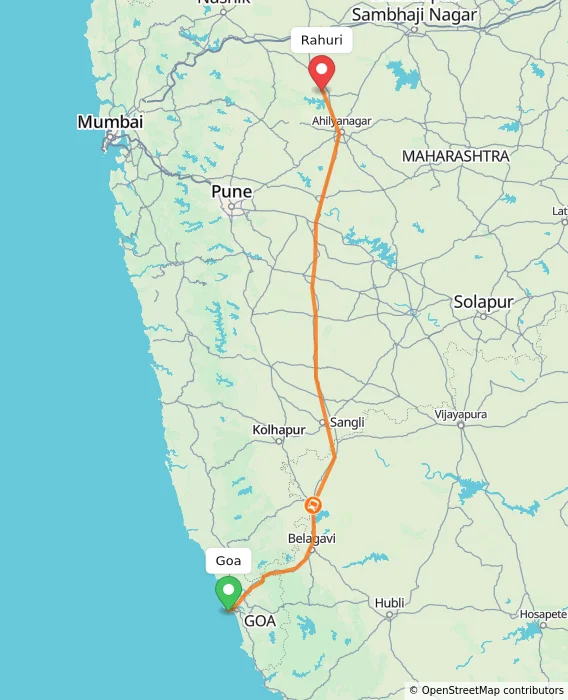 Route map showing distance and travel time from Goa, India to Rahuri, India
